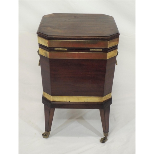 230 - Georgian mahogany hexagonal shaped cellarette or wine cooler with brass banding, round handle, lined... 