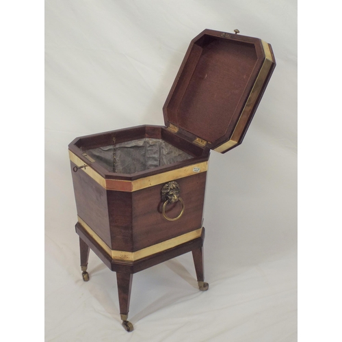 230 - Georgian mahogany hexagonal shaped cellarette or wine cooler with brass banding, round handle, lined... 