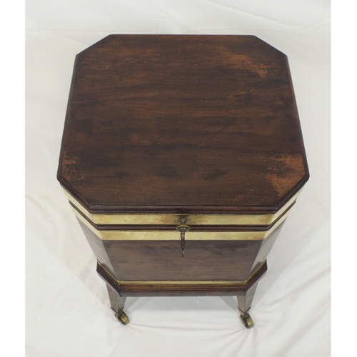 230 - Georgian mahogany hexagonal shaped cellarette or wine cooler with brass banding, round handle, lined... 