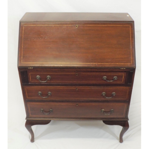 236 - Edwardian inlaid mahogany bureau with fall-out front, fitted interior, 3 drawers under with drop han... 