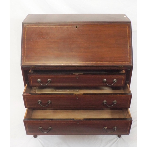 236 - Edwardian inlaid mahogany bureau with fall-out front, fitted interior, 3 drawers under with drop han... 