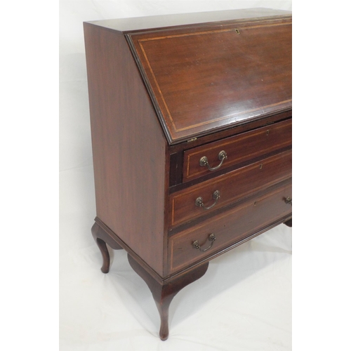 236 - Edwardian inlaid mahogany bureau with fall-out front, fitted interior, 3 drawers under with drop han... 