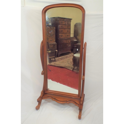 246 - Edwardian style domed cheval mirror with shaped columns, serpentine stretcher, on scroll feet