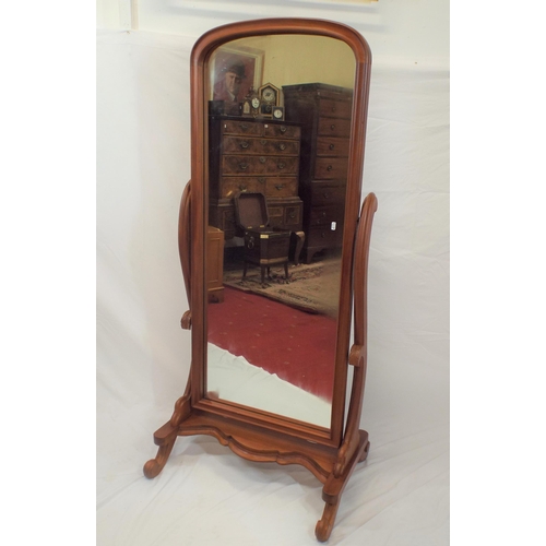 246 - Edwardian style domed cheval mirror with shaped columns, serpentine stretcher, on scroll feet