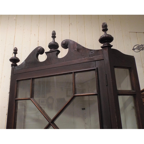 252 - Georgian style mahogany corner display cabinet with scroll top, astragal glazed doors, on lion claw ... 