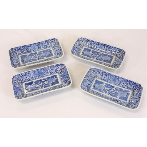 261 - Set of 4 Asian oblong dishes with blue and white foliate decoration