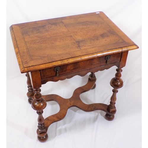 270 - William & Mary crossbanded walnut lowboy with frieze drawer, brass teardrop handles, on 'upturned cu... 