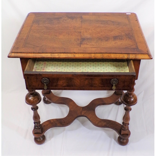 270 - William & Mary crossbanded walnut lowboy with frieze drawer, brass teardrop handles, on 'upturned cu... 