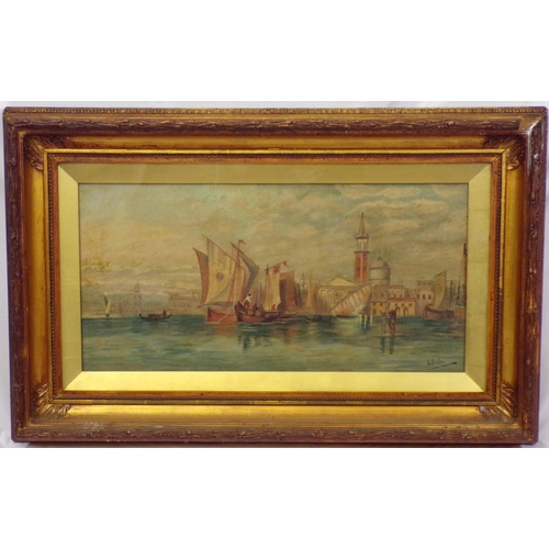 295 - Italian school 'Venetian scene with boats offshore' oil on canvas 28x58cm signed