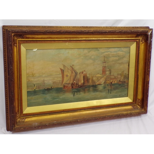 295 - Italian school 'Venetian scene with boats offshore' oil on canvas 28x58cm signed