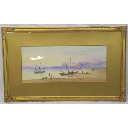 296 - Maritime school 'Peaceful shore scene' watercolour 20x45cm signed indistinctly