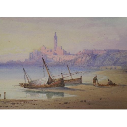 296 - Maritime school 'Peaceful shore scene' watercolour 20x45cm signed indistinctly