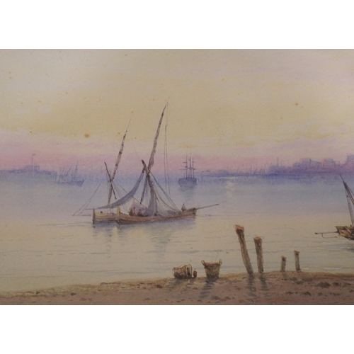 296 - Maritime school 'Peaceful shore scene' watercolour 20x45cm signed indistinctly