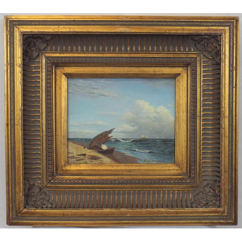 301 - Dutch school 'Wreck on a beach' oil on board 19x24cm signed