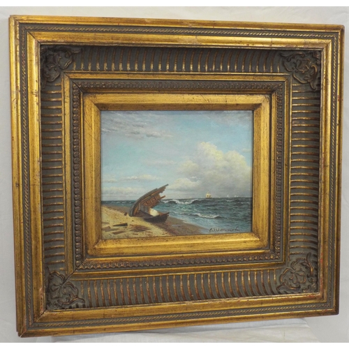 301 - Dutch school 'Wreck on a beach' oil on board 19x24cm signed