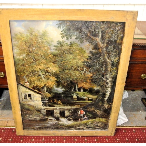 332 - Continental School 'Boy and girl fishing in a stream with a house, river and mill wheel beyond' oil ... 