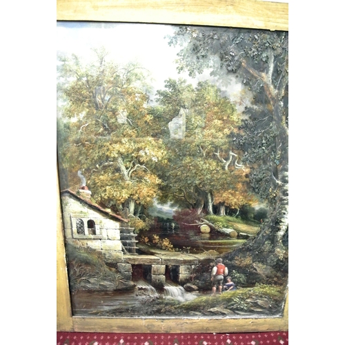 332 - Continental School 'Boy and girl fishing in a stream with a house, river and mill wheel beyond' oil ... 