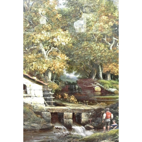 332 - Continental School 'Boy and girl fishing in a stream with a house, river and mill wheel beyond' oil ... 