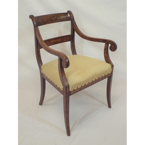 348 - Georgian inlaid mahogany open armchair with ornate foliate, herringbone and string inlay, shaped arm... 