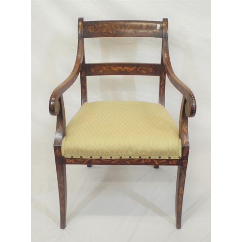 348 - Georgian inlaid mahogany open armchair with ornate foliate, herringbone and string inlay, shaped arm... 