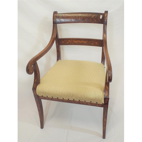 348 - Georgian inlaid mahogany open armchair with ornate foliate, herringbone and string inlay, shaped arm... 