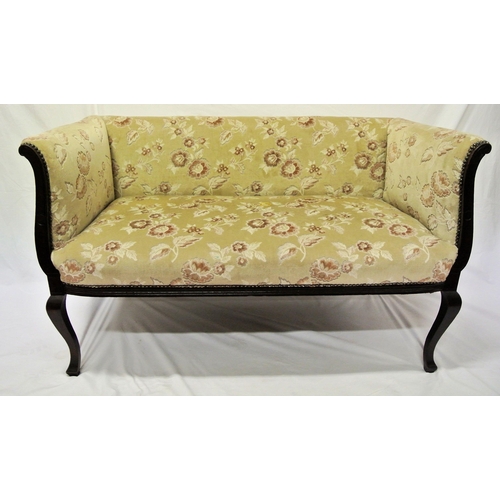 352 - Small ornate Edwardian style timber framed sofa with foliate upholstery and cabriole legs