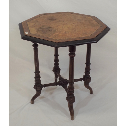 49 - Victorian inlaid walnut hexagonal shaped occasional table with turned columns and stretchers, on spl... 