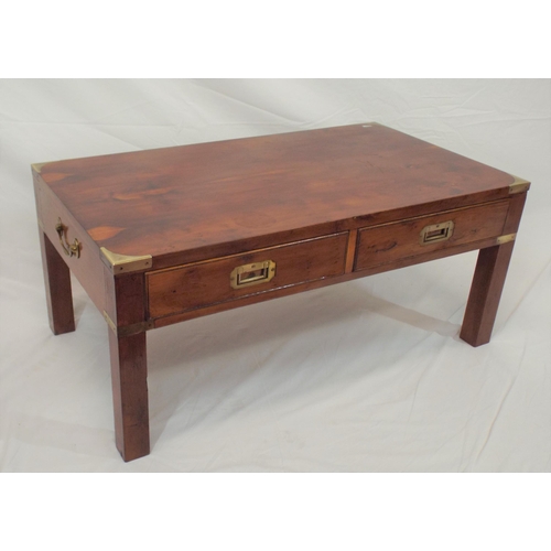 54 - Edwardian oblong coffee table with brass banding and corners, two drawers with recessed handles, on ... 