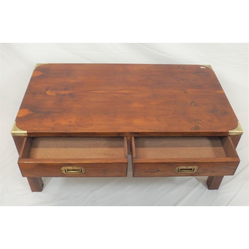 54 - Edwardian oblong coffee table with brass banding and corners, two drawers with recessed handles, on ... 