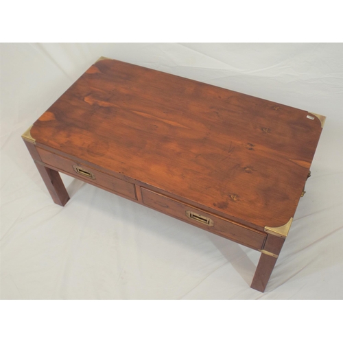 54 - Edwardian oblong coffee table with brass banding and corners, two drawers with recessed handles, on ... 