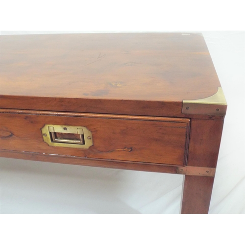 54 - Edwardian oblong coffee table with brass banding and corners, two drawers with recessed handles, on ... 