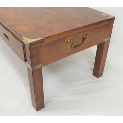 54 - Edwardian oblong coffee table with brass banding and corners, two drawers with recessed handles, on ... 