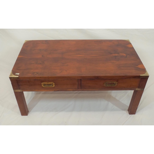 54 - Edwardian oblong coffee table with brass banding and corners, two drawers with recessed handles, on ... 