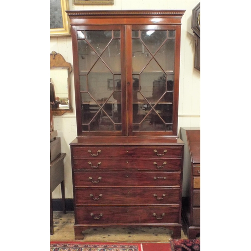 55 - Edwardian inlaid and crossbanded mahogany bureau bookcase with dentil frieze, astragal glazed door, ... 