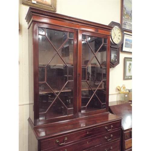 55 - Edwardian inlaid and crossbanded mahogany bureau bookcase with dentil frieze, astragal glazed door, ... 