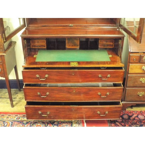 55 - Edwardian inlaid and crossbanded mahogany bureau bookcase with dentil frieze, astragal glazed door, ... 