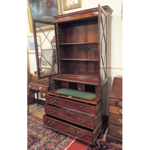 55 - Edwardian inlaid and crossbanded mahogany bureau bookcase with dentil frieze, astragal glazed door, ... 