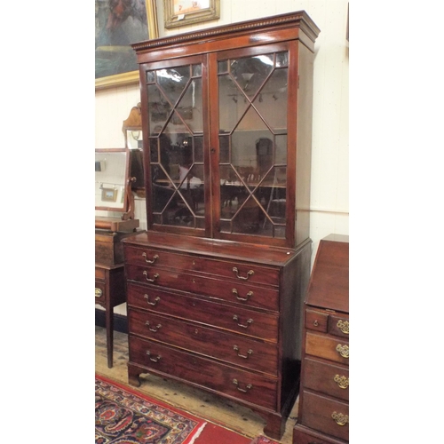 55 - Edwardian inlaid and crossbanded mahogany bureau bookcase with dentil frieze, astragal glazed door, ... 