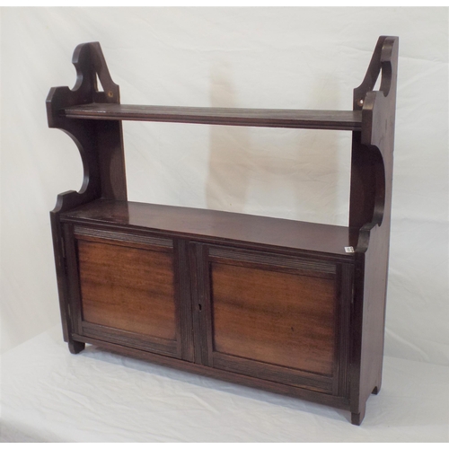 56 - Edwardian mahogany shelf unit with shaped sides and panelled doors