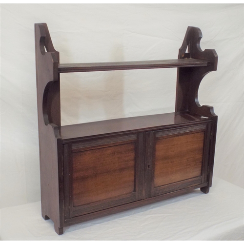 56 - Edwardian mahogany shelf unit with shaped sides and panelled doors