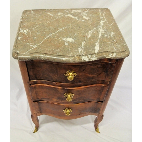 64 - French style commode chest with shaped marble top, three serpentine drawers with brass handles, on c... 