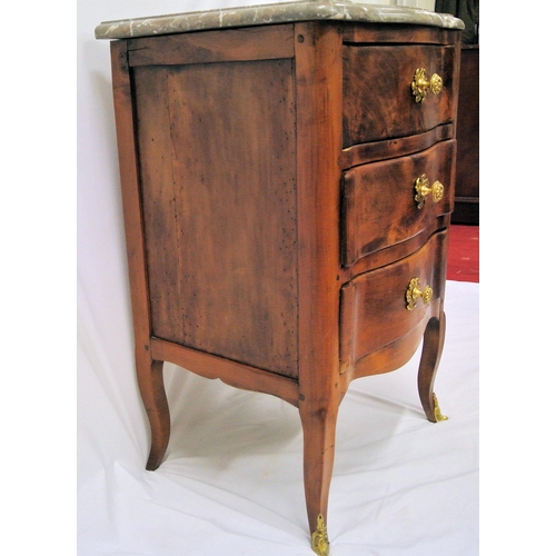 64 - French style commode chest with shaped marble top, three serpentine drawers with brass handles, on c... 