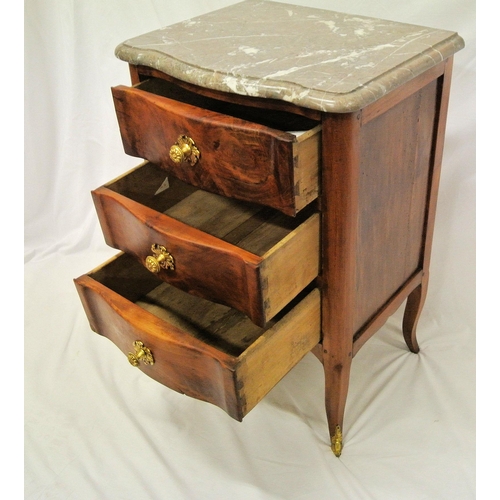 64 - French style commode chest with shaped marble top, three serpentine drawers with brass handles, on c... 