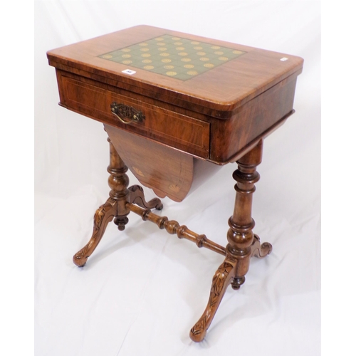 66 - William IV mahogany games and work table with leather chessboard inlaid swivel top, with baize surfa... 