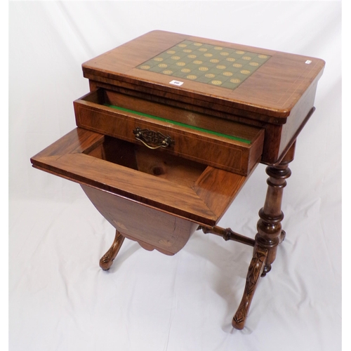 66 - William IV mahogany games and work table with leather chessboard inlaid swivel top, with baize surfa... 