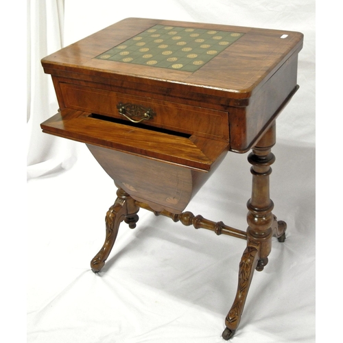 66 - William IV mahogany games and work table with leather chessboard inlaid swivel top, with baize surfa... 