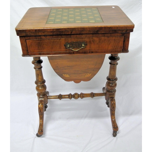 66 - William IV mahogany games and work table with leather chessboard inlaid swivel top, with baize surfa... 