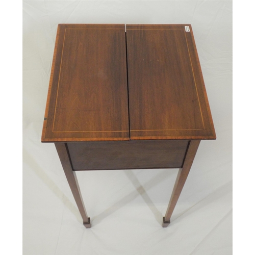 71 - Edwardian inlaid mahogany sewing table with fold-out top, lined interior with shelf, on square taper... 