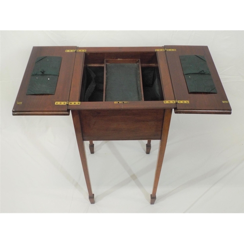 71 - Edwardian inlaid mahogany sewing table with fold-out top, lined interior with shelf, on square taper... 