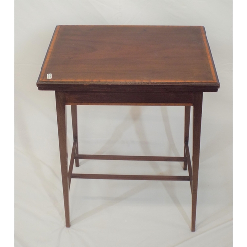 86 - Edwardian inlaid and crossbanded mahogany small card table with swivel fold-over top, baize surface,... 